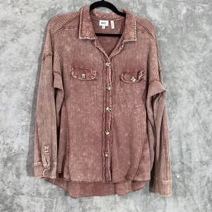 BKE Waffle Knit Henley Top Shacket M Brick Red Long Sleeve Button Up Boyfriend